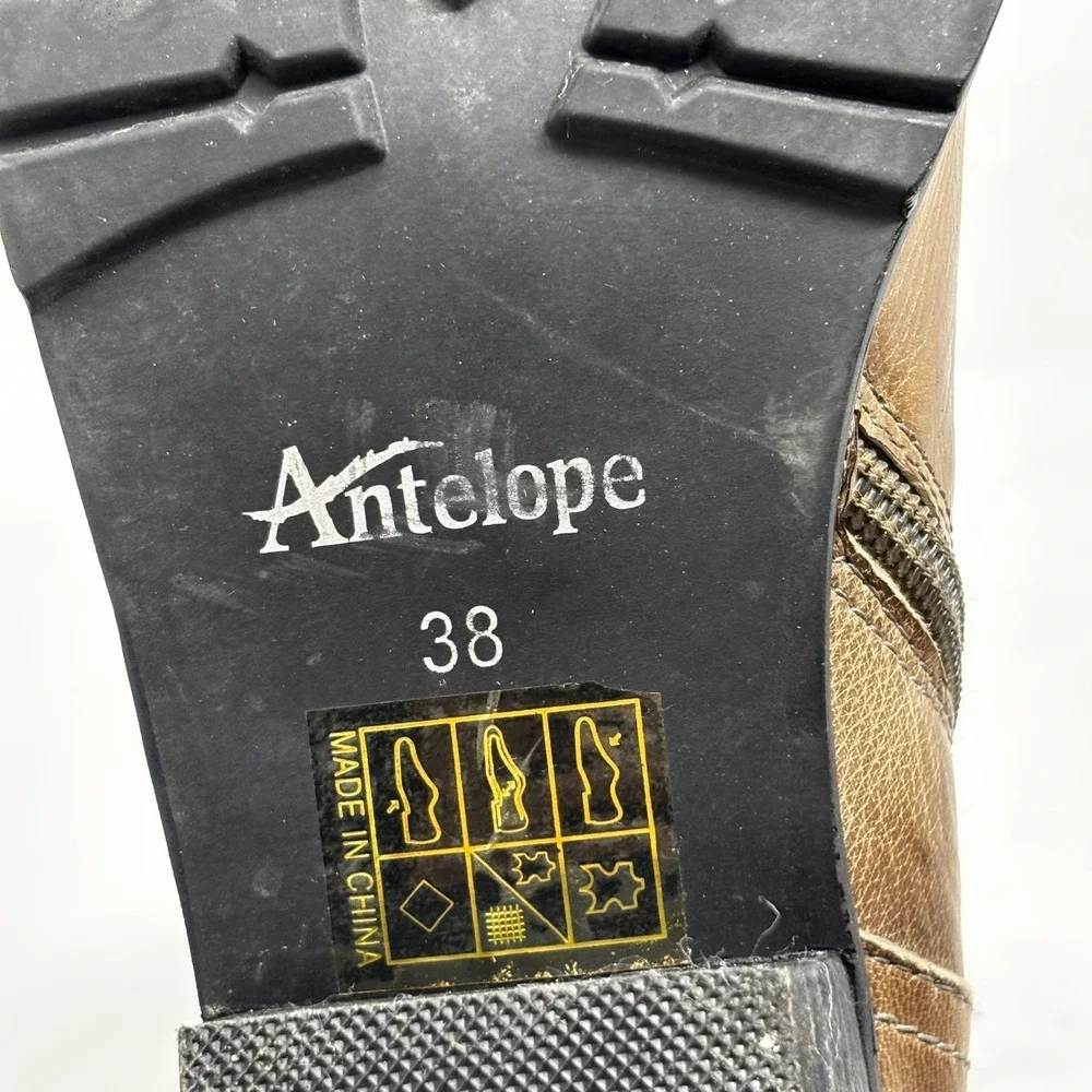 Antelope Leather Ankle Boots Women's Size US7/EU38 EU Brown‎ Side Zip Lug Sole